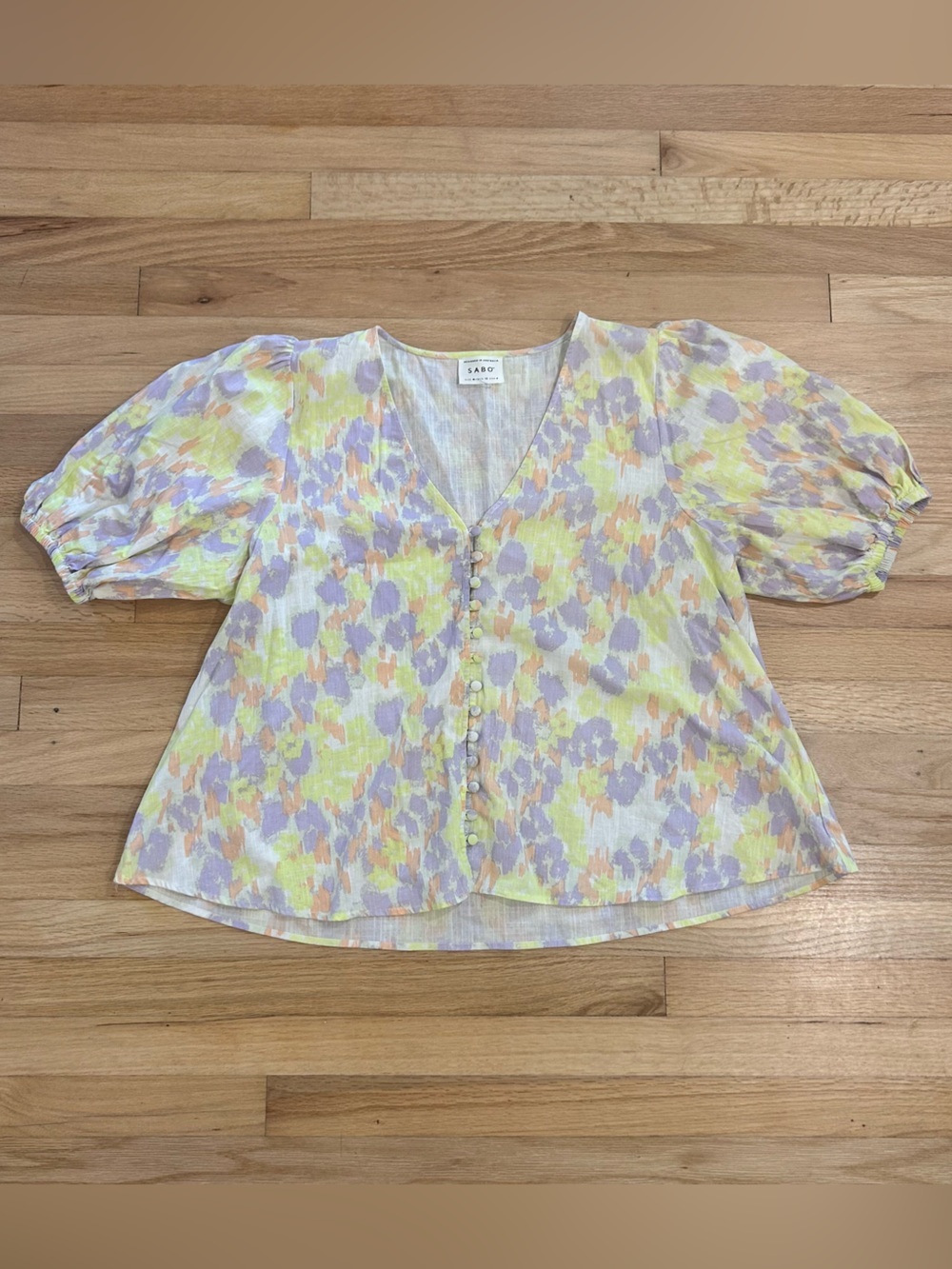 SABO Australia Watercolor Abstract Button Front Oversized Puff Sleeve Blouse Med